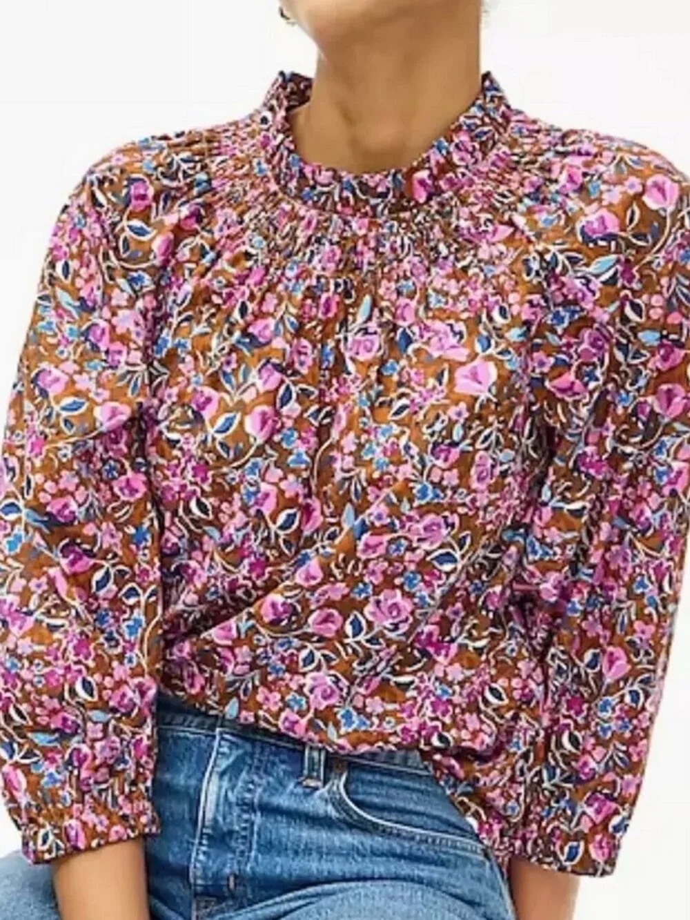 J. Crew Floral Smocked Neck 3/4 Sleeve CottonTop
